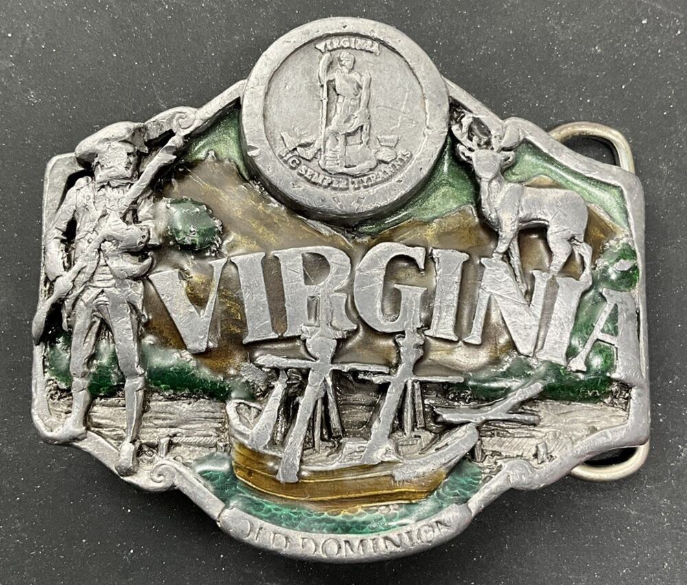 Vintage Virginia Belt Buckle 1987 Siskiyou Old Dominion Metal Made In USA D-44